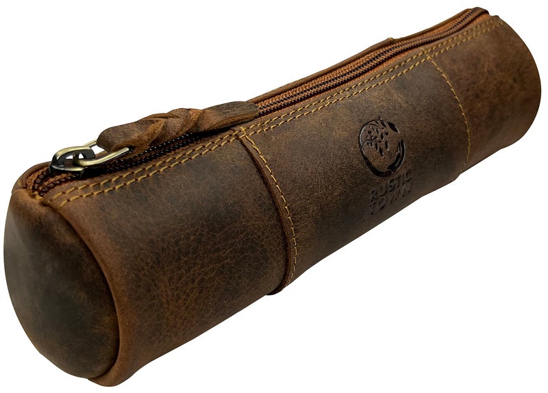 Rustic Town Leather Pencil Case - Full Grain Leather Zippered Pen Pouch - Stationery Bag Pen Holder for Work & Office, Brown, M, Pc200505flr-tan - Image 1